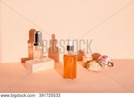 Natural Serums. Concept Of Cosmetic Injection Is Hyaluronic Acid, Botulin, Serum. Concept Of Marine 