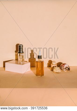 Natural Serums. Concept Of Cosmetic Injection Is Hyaluronic Acid, Botulin, Serum. Concept Of Marine 