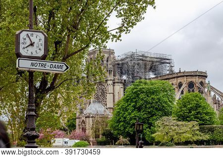 Paris, France - April 16, 2019: The Day After Notre-dame Destroyed By The Flames In Paris