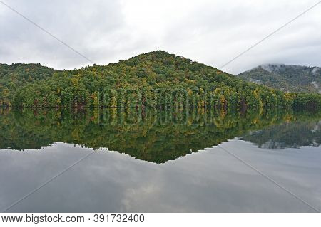 Autumn Landscape Reflections On Lake Santeetlah, North Carolina.