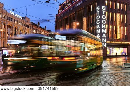 Helsinki, Finland - October 26, 2020: The Trams Are Moving On Aleksanterinkatu Street. The Rainy Aut