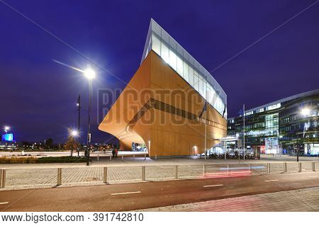 Helsinki, Finland - October 25, 2020: The Oodi Library In The Evening. The Modern Nordic Architectur