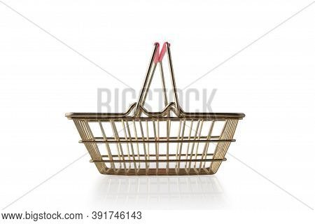 Empty Metal Grocery Basket With Raised Handles For Shopping In Supermarket Isolated On White Backgro