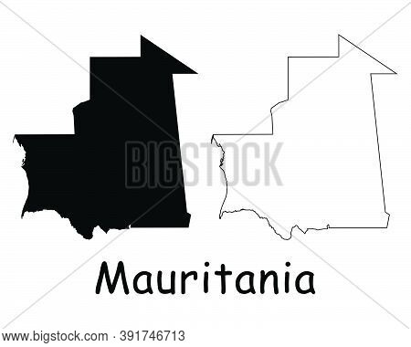 Mauritania Country Map. Black Silhouette And Outline Isolated On White Background. Eps Vector