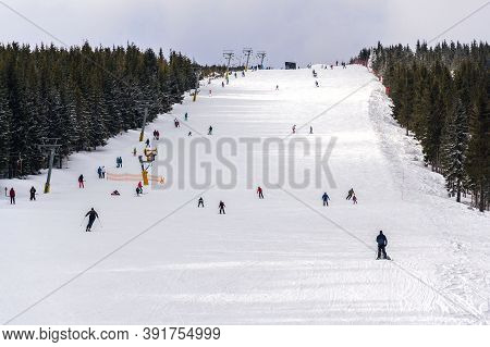 Piste With Unrecognizable People Skiing, Snow, Sunny Winter Day, Horni Mala Upa, Krkonose Mountains,