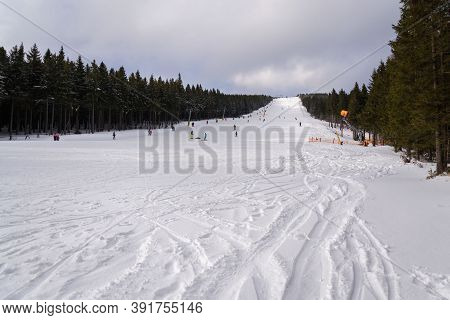 Piste With Unrecognizable People Skiing, Snow, Sunny Winter Day, Horni Mala Upa, Krkonose Mountains,