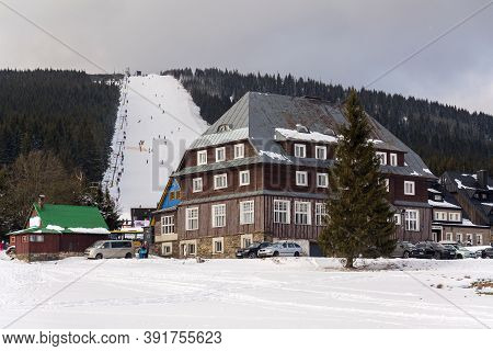 Piste With Unrecognizable People Skiing, Snow, Sunny Winter Day, Horni Mala Upa, Krkonose Mountains,