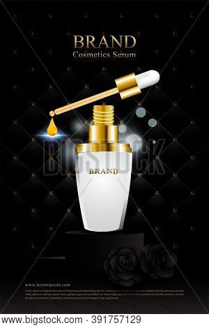 Black Gold Leather Upholstery And Rose Background For Cosmetic Serum With 3d Packaging