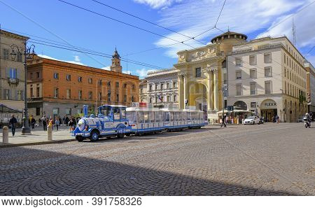 October 2020 Parma, Italy: Blut Tourist Train Waiting For Passengers On The Piazza/square Garibaldi