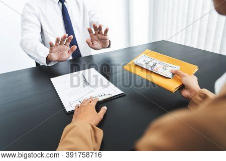 Businessman Partner Hand Gesture Rejecting Refusing Money, Anticorruption Concept