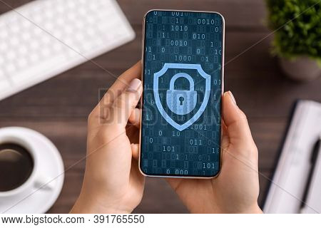 Data Protection, Mobile Application Concept. Above Top View Of Woman Holding And Using Smartphone, P
