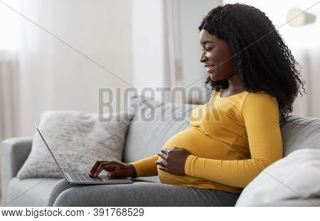 Side View Of Smiling Black Pregnant Lady Using Laptop At Home, Sitting On Couch At Living Room, Empt