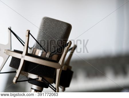 Profession Studio Recording Microphone In Cradle. Macro Photography