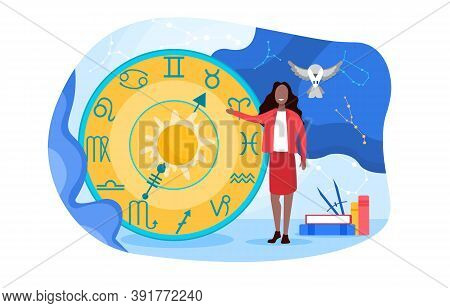 Chinese Or Other Oriental Horoscope Concept With Zodiac Signs And Astrologer Gir With Owl And Starry