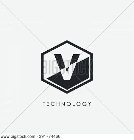 V Letter Hexagon Geometrical Techno Logo. Monogram Hexagon Geometric Outline With Letter Logo Icon F