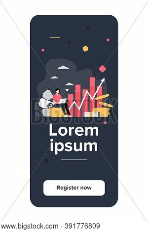 Investor With Laptop Monitoring Growth Of Dividends. Trader Sitting On Stack Of Money, Investing Cap