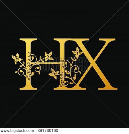 Golden Letter H, X, Hx Luxury  Logo Icon, Vintage Design Concept Floral Leaves With Letter H And X, 