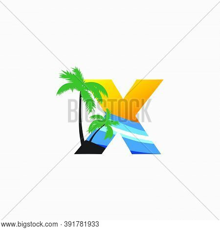 Letter X- Hawaii Palm Beach Logo Icon.  Nature Logo Design Concept Palm Tree And  Sea Wave  For Init