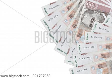 200 Croatian Kuna Bills Lies Isolated On White Background With Copy Space. Rich Life Conceptual Back