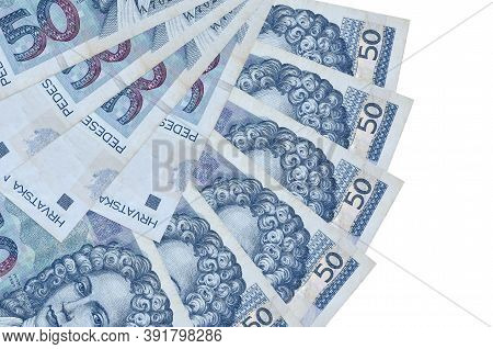 50 Croatian Kuna Bills Lies Isolated On White Background With Copy Space Stacked In Fan Shape Close 
