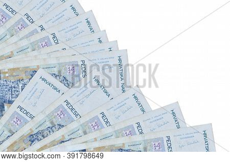 50 Croatian Kuna Bills Lies Isolated On White Background With Copy Space Stacked In Fan Close Up
