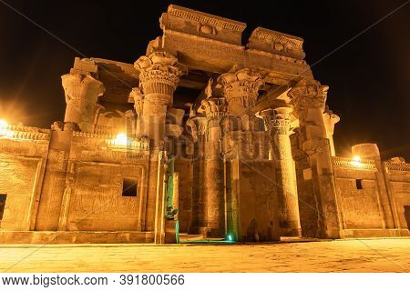 Visiting At Night The Beautiful Temple Of Kom Ombo, The Temple Dedicated To The Gods Sobek And Horus