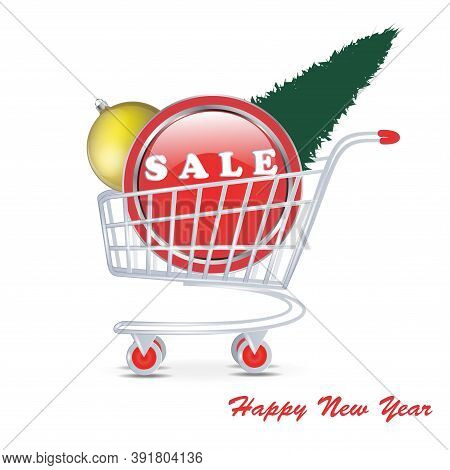 Shopping Trolley, Sale Icon, Fir Tree, Christmas Ball, - Vector. Winter Discounts. New Year, Christm