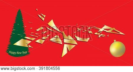 Festive Abstract Red Background With Golden Elements - Spruce, Christmas Ball - Vector. New Year. Ch