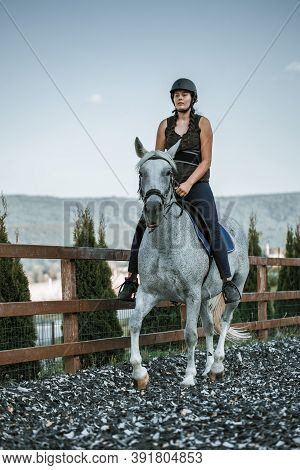Outdoor Portrait Of Young Brunette Felmale Competitor With Arabian Thoroughbred Horse. Hors Riding E