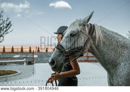 Cropped Photo Of Young Brunette Felmale Competitor With Arabian Thoroughbred Horse. Hors Riding Equi