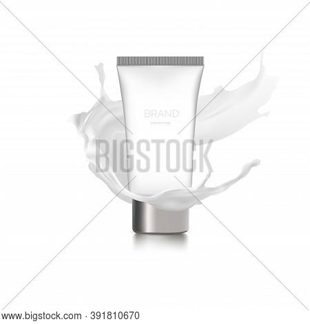 Milk Cleansing Cosmetics Bottle Mockup Banner. Skin Care Cosmetic Product Pump Tube On White Backgro