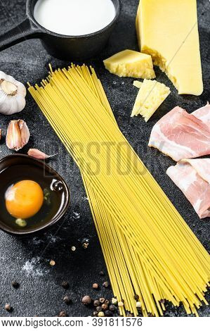 Traidtional Italian Pasta Carbonara Ingredients. Bacon, Spaghetti, Parmesan And Pecorino Cheese, Egg