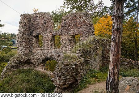 Ruins Of Gothic Medieval Castle Zebrak In Village Tocnik In Autumn, Central Bohemia, Czech Republic,