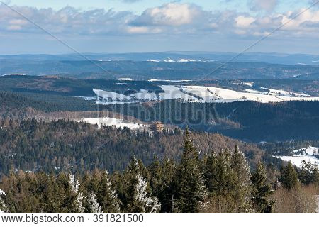 Winter Landscape Of Beski Sadecki Mountain Range Near Krynica Zdroj With Treetop Observation Tower, 