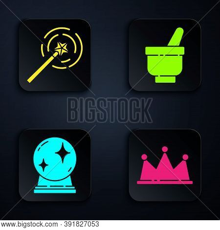 Set Crown, Magic Wand, Magic Ball And Magic Mortar And Pestle. Black Square Button. Vector