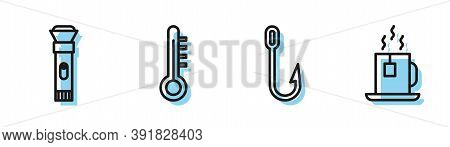 Set Line Fishing Hook, Flashlight, Meteorology Thermometer And Cup Of Tea With Tea Bag Icon. Vector