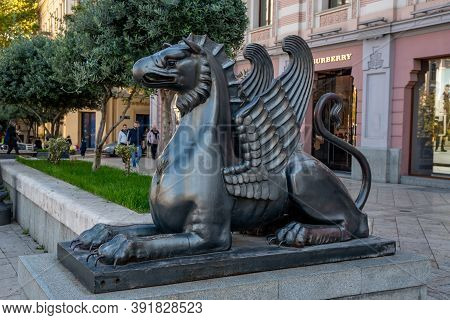 Tbilisi, Georgia - 24 October, 2020: Griffin Statue Of Iranian Antique At Freedom Square In Tbilisi
