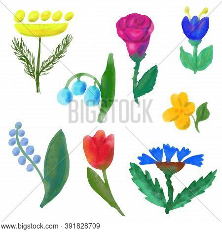 Set Of 8 Elements: Watercolor Simple Flowers With Leaves. Cule Little Children Stylized Drawing For 
