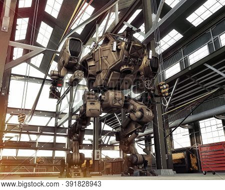 Robot Futuristic Mech Weapon With Full Array Of Guns Tucked Away In An Industrial Hangar. 3d Renderi