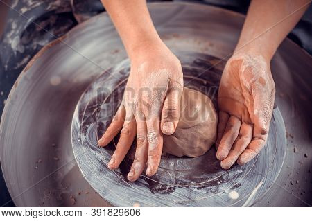 Potter Female Student Working With Pottery At The Ceramic Workshop. Concept For Woman In Freelance, 