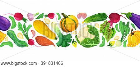 Fresh Watercolor Vegetable Seamless Border, Easy To Edit Background. Autumn Harvesting For Posrcard,