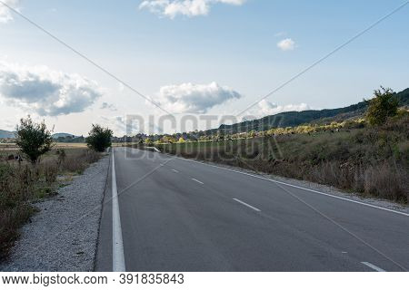 Country Road Through Rural Hillside Autumn Typical Scene Village Asphalt Farming Ground Trasnport