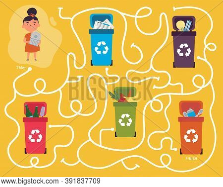 Recycling Maze For Kids With A Solution.labyrinth Game To Find Way Of Metal Waste To Proper Containe