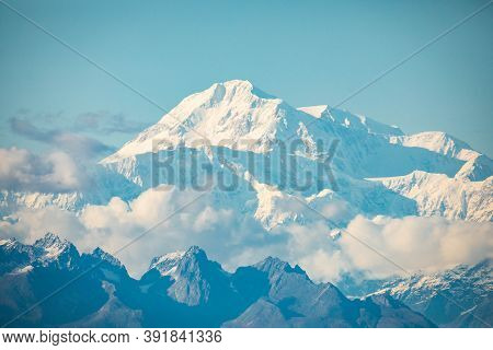 Closeup Scenic View Of Denali Mountain Peak At Summer In Alaska
