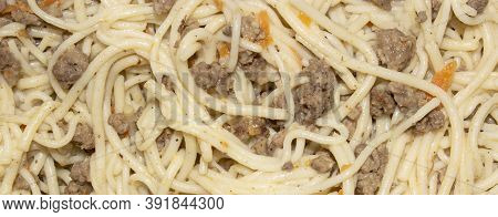 Macaroni And Meat.background Vermicelli With Minced Meat.