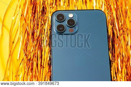 Paris, France - Oct 23, 2020: Focus On The Triple Camera With Lidar On New Iphone 12 Pro Max 5g Smar
