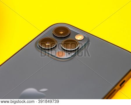 Paris, France - Oct 23, 2020: Macro Shot Of Lidar Sensor And Triple Cameras On New Iphone 12 Pro Max