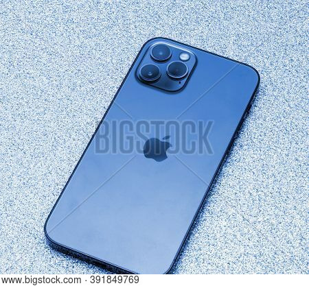 Paris, France - Oct 23, 2020: Rear View Of Lidar And Triple Camera On New Iphone 12 Pro Max 5g Smart