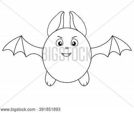 Cute Fat Bat - Linear Stock Illustration For Coloring. Outline. Take-off Bat On A Doodle For A Color