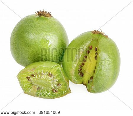 Kiwi Berry (actinidia Arguta) Is A Small Fruit Resembling The Kiwifruit On White Background